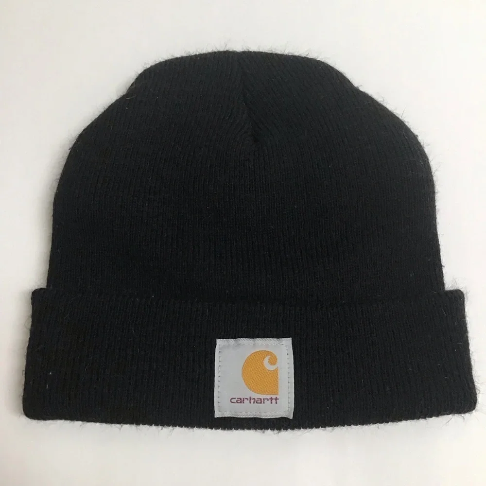 Carhartt Beanie Black Brown Embroidered Patch Logo Knit Cuffed Hat 3M Thinsulate - Picture 1 of 5